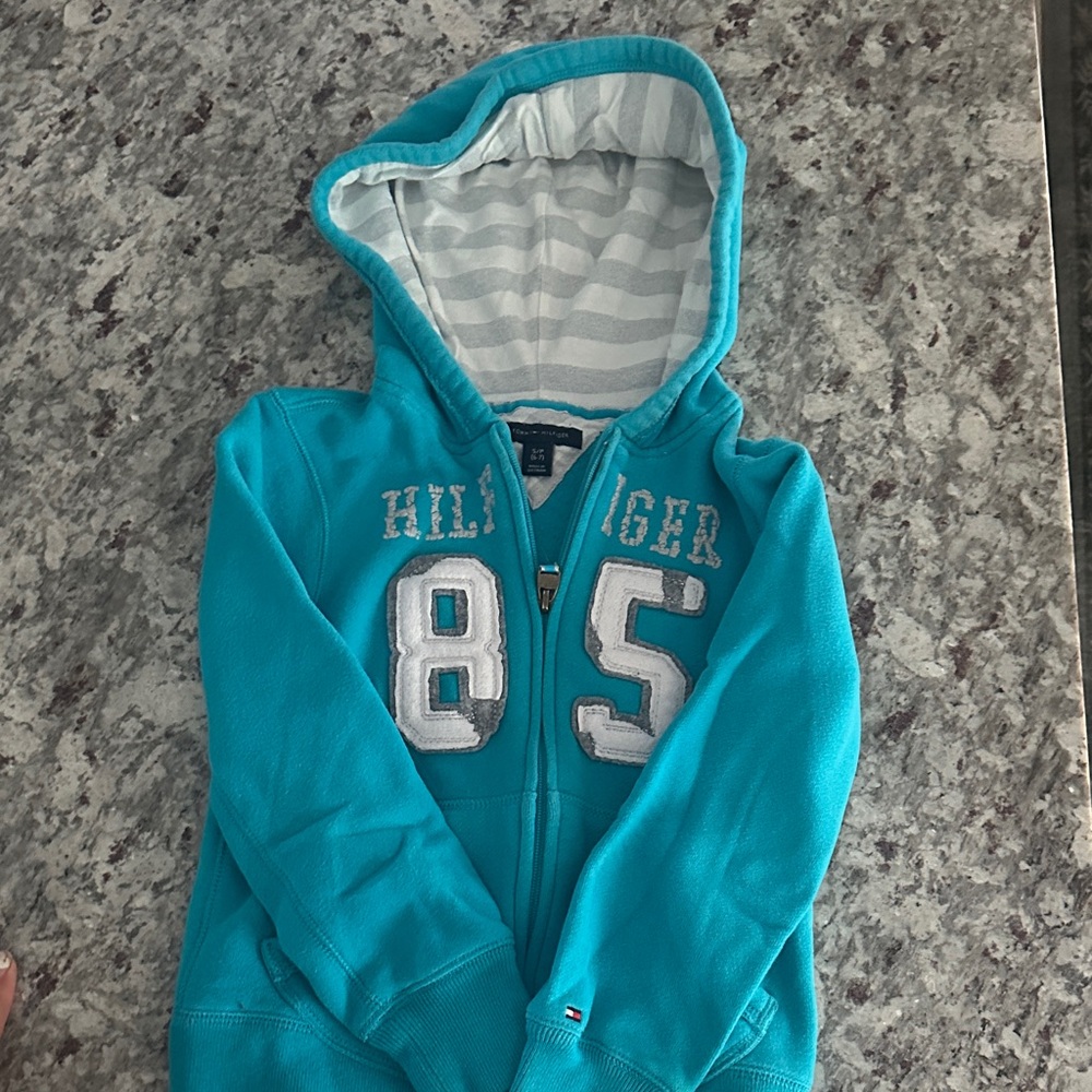Tommy Hilfiger Kids Teal Hoodie with Striped Lining